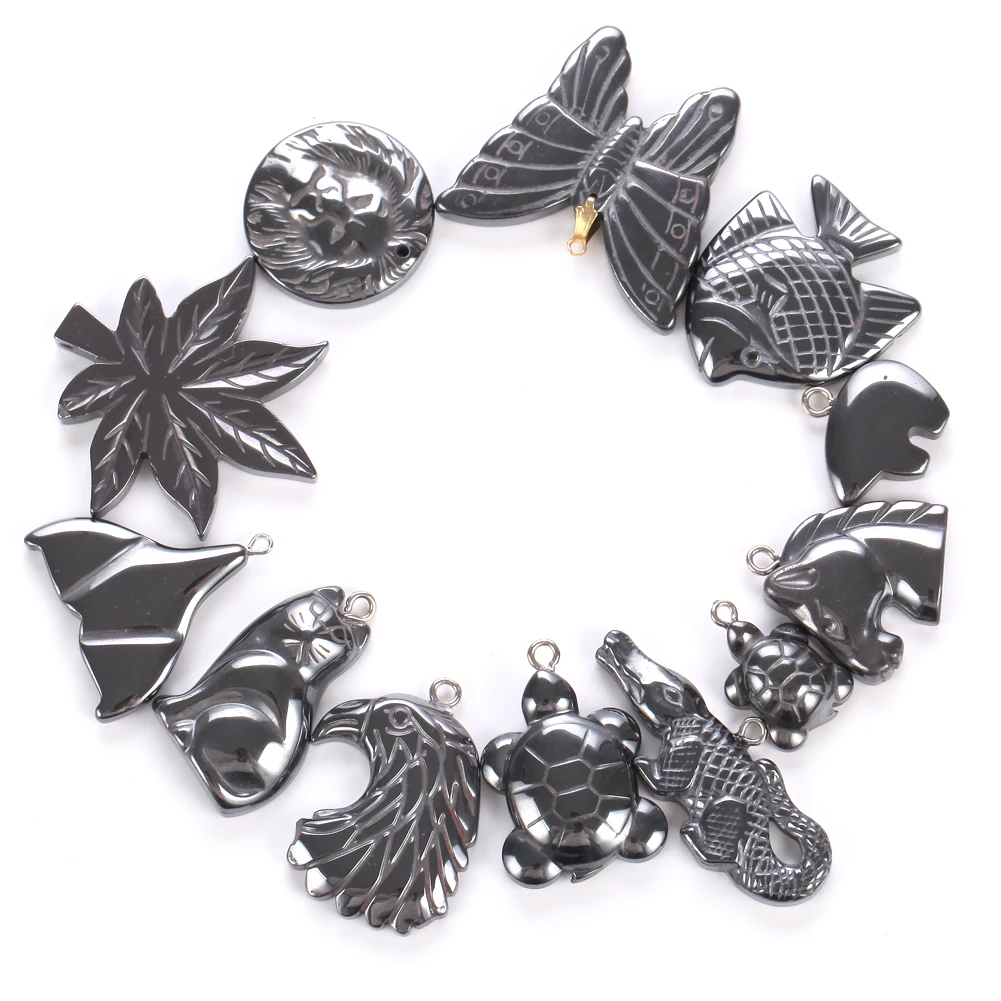 Black Natural Hematite Stone Charms Pendant Star Round Turtle Heart Animal Charms For Jewelry Making Diy Necklace Accessories thumbnail 2