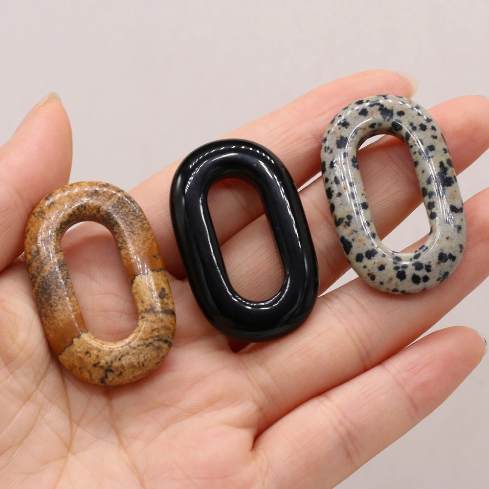 Hot Selling Natural Gem Stone Hollow Oval Pendant Dalmatian Jasper Charms for DIY Crafts Earring Necklace Jewelry Making 25x40mm