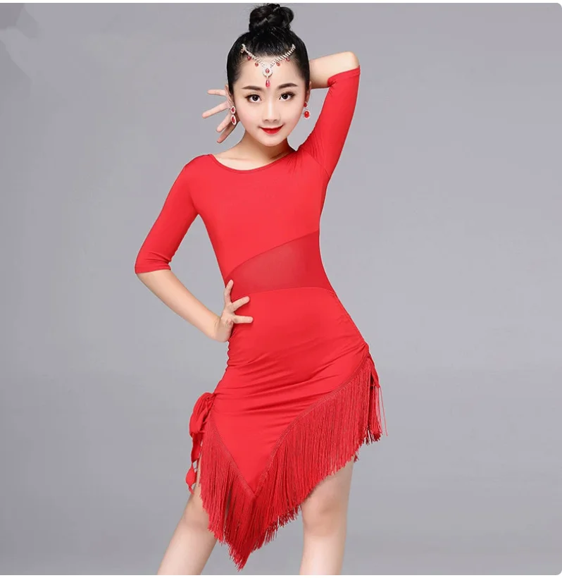 1pcs/lot  Child Girls Latin Dance Dress Fringe Latin Dance Clothes Salsa Costume Black Red Ballroom Tango Dresses thumbnail 4