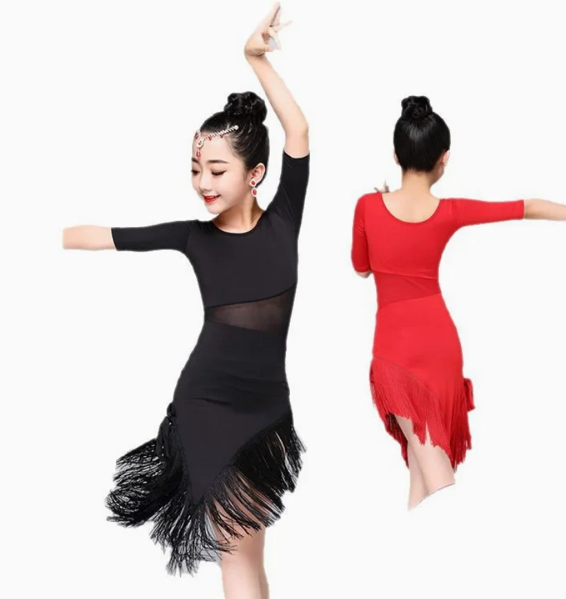 1pcs/lot  Child Girls Latin Dance Dress Fringe Latin Dance Clothes Salsa Costume Black Red Ballroom Tango Dresses thumbnail 2