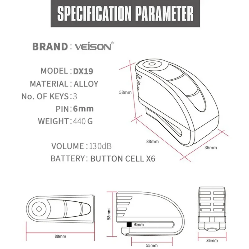 VEISON Motorcycle Lock Alarm Padlock Motorbike Lock Bicycle Alarm Moto Brake Security Disc Lock Anti-Theft Car Alarm System thumbnail 5