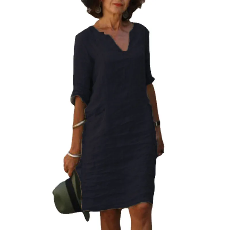 Vintage Women Solid Mini Dress Summer Fashion V-neck Three Quater Sleeve Cotton Linen Dress Ladies Casual Holiday Vestidos thumbnail 5