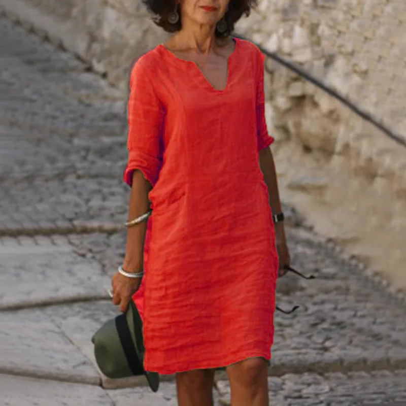 Vintage Women Solid Mini Dress Summer Fashion V-neck Three Quater Sleeve Cotton Linen Dress Ladies Casual Holiday Vestidos thumbnail 6
