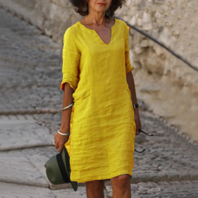 Vintage Women Solid Mini Dress Summer Fashion V-neck Three Quater Sleeve Cotton Linen Dress Ladies Casual Holiday Vestidos thumbnail 2