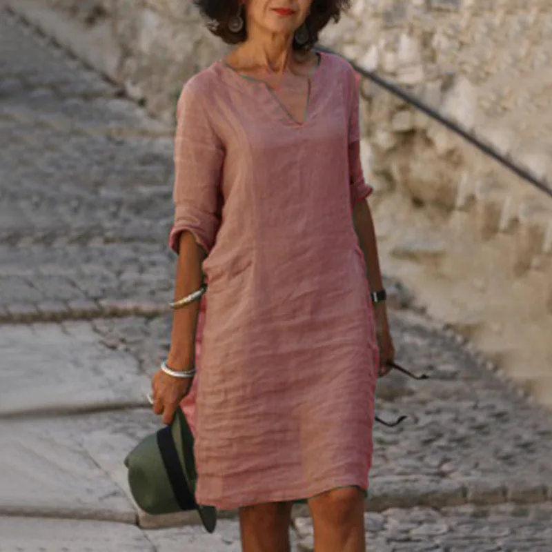 Vintage Women Solid Mini Dress Summer Fashion V-neck Three Quater Sleeve Cotton Linen Dress Ladies Casual Holiday Vestidos thumbnail 3