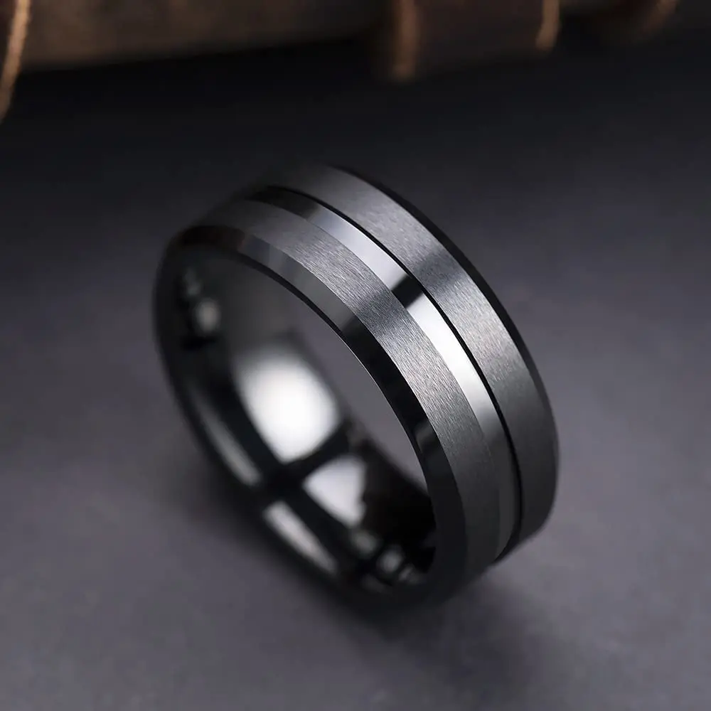 2023 Trendy Men's 8mm Black Titanium Wedding Band Rings Double Black Groove Beveled Edge Stainless Steel Engagement Ring For Men thumbnail 5