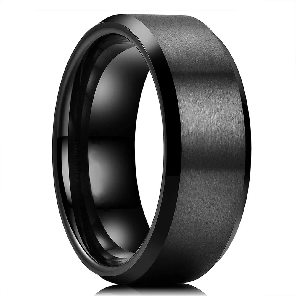 2023 Trendy Men's 8mm Black Titanium Wedding Band Rings Double Black Groove Beveled Edge Stainless Steel Engagement Ring For Men thumbnail 3