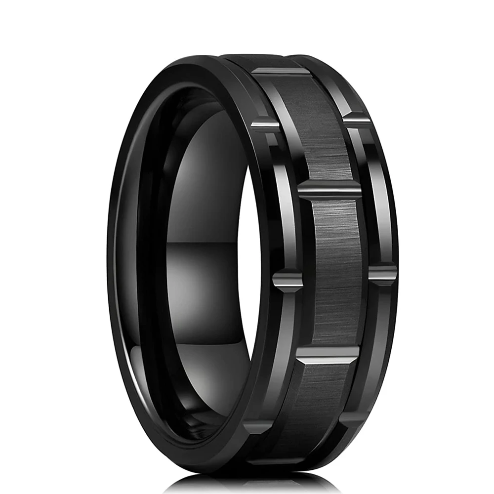 2023 Trendy Men's 8mm Black Titanium Wedding Band Rings Double Black Groove Beveled Edge Stainless Steel Engagement Ring For Men thumbnail 2