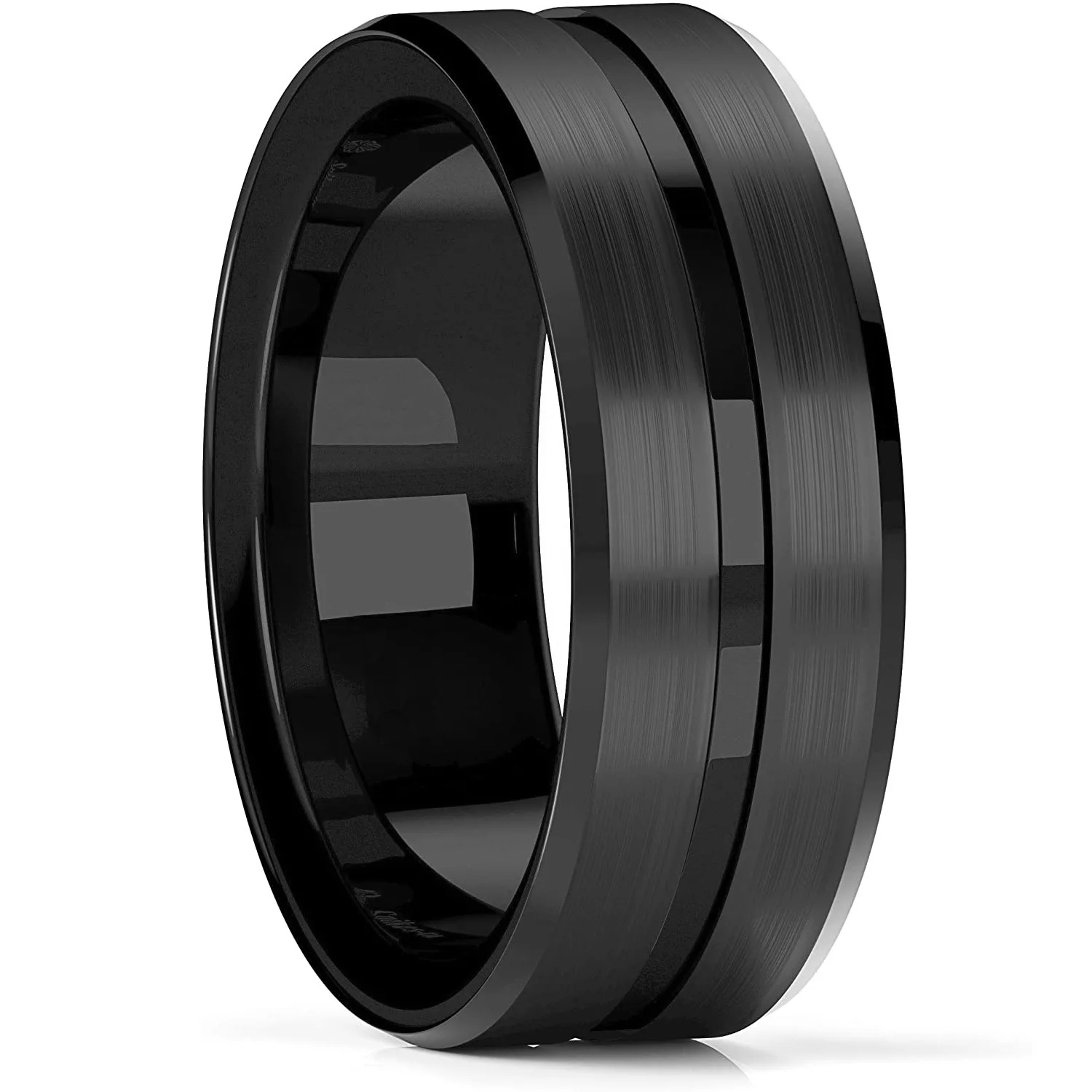 2023 Trendy Men's 8mm Black Titanium Wedding Band Rings Double Black Groove Beveled Edge Stainless Steel Engagement Ring For Men thumbnail 4