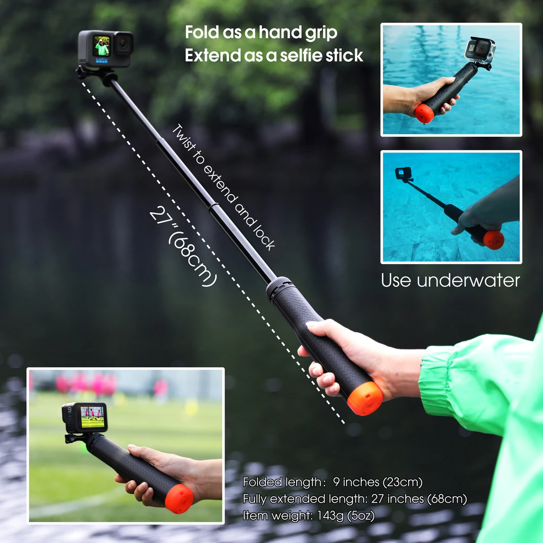 SOONSUN Floating Tripod for GoPro Hero Insta360 Akaso DJI Action Camera Float Extendable Pole  Hand Grip Waterproof Selfie Stick thumbnail 6