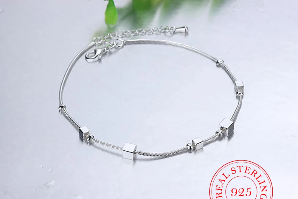 New 2021 Square Beads Anklet For Women Genuine 925 Sterling Silver Fashion Foot Leg Chain Link Fine Jewelry Gifts thumbnail 3