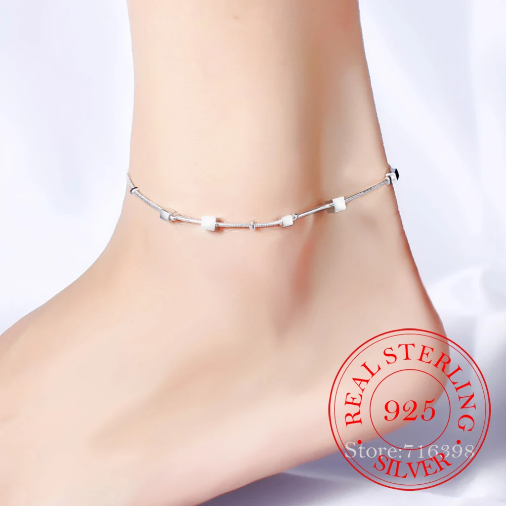 New 2021 Square Beads Anklet For Women Genuine 925 Sterling Silver Fashion Foot Leg Chain Link Fine Jewelry Gifts