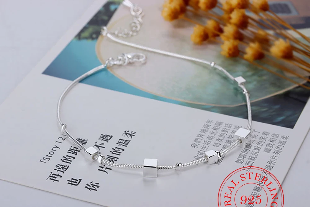 New 2021 Square Beads Anklet For Women Genuine 925 Sterling Silver Fashion Foot Leg Chain Link Fine Jewelry Gifts thumbnail 4