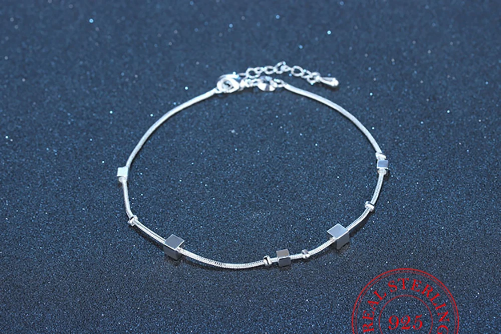 New 2021 Square Beads Anklet For Women Genuine 925 Sterling Silver Fashion Foot Leg Chain Link Fine Jewelry Gifts thumbnail 5