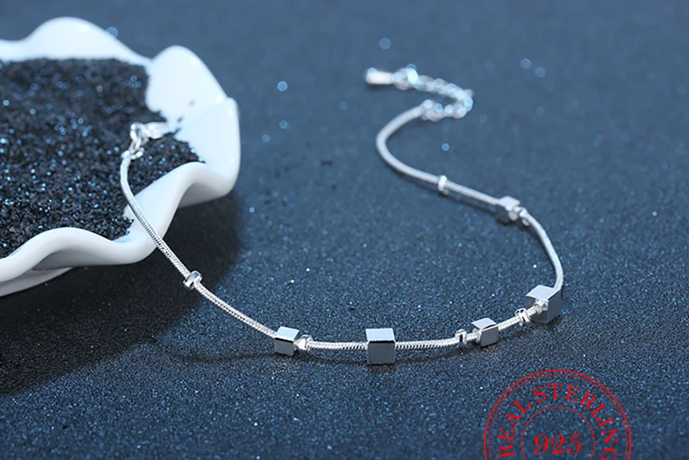 New 2021 Square Beads Anklet For Women Genuine 925 Sterling Silver Fashion Foot Leg Chain Link Fine Jewelry Gifts thumbnail 6