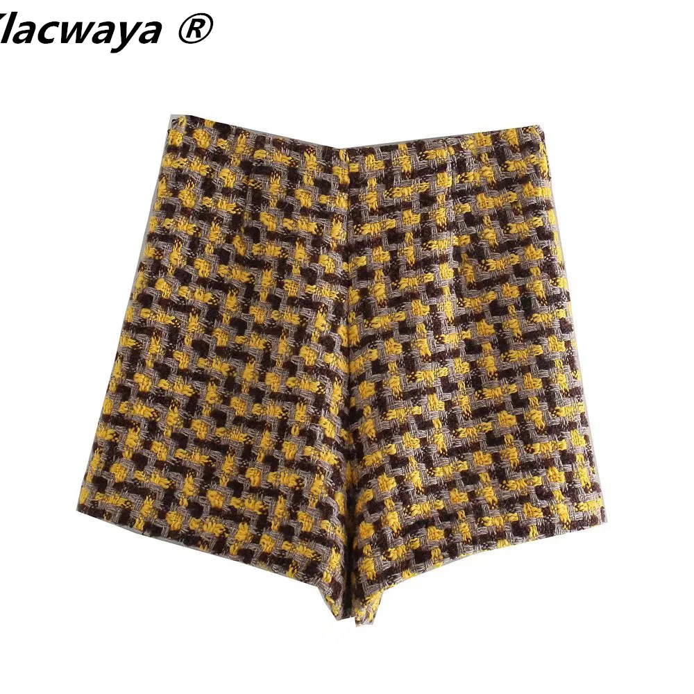 Tweed Set Women Suits 2021 Two Piece Set Women Double Breasted Blazer High Waist Skirt Shorts Plaid Women Suit With Shorts thumbnail 5