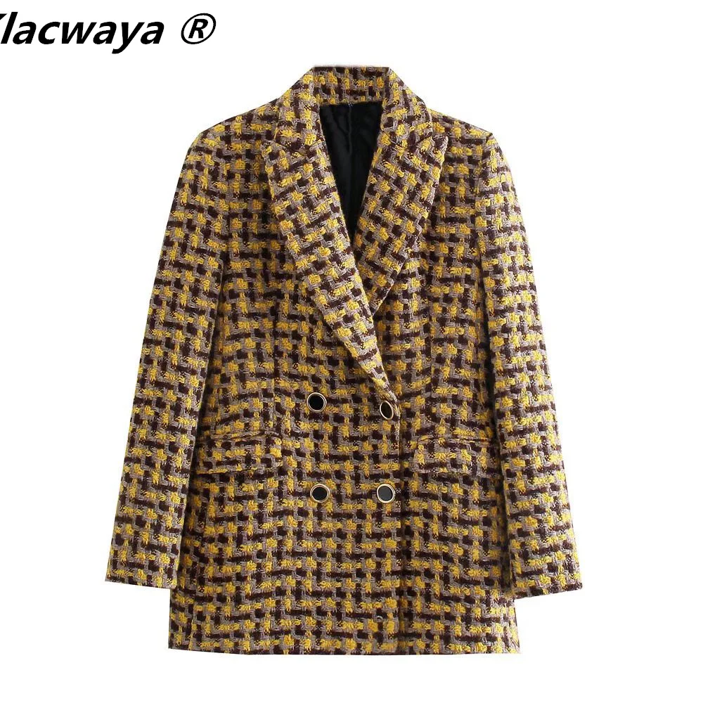 Tweed Set Women Suits 2021 Two Piece Set Women Double Breasted Blazer High Waist Skirt Shorts Plaid Women Suit With Shorts thumbnail 2