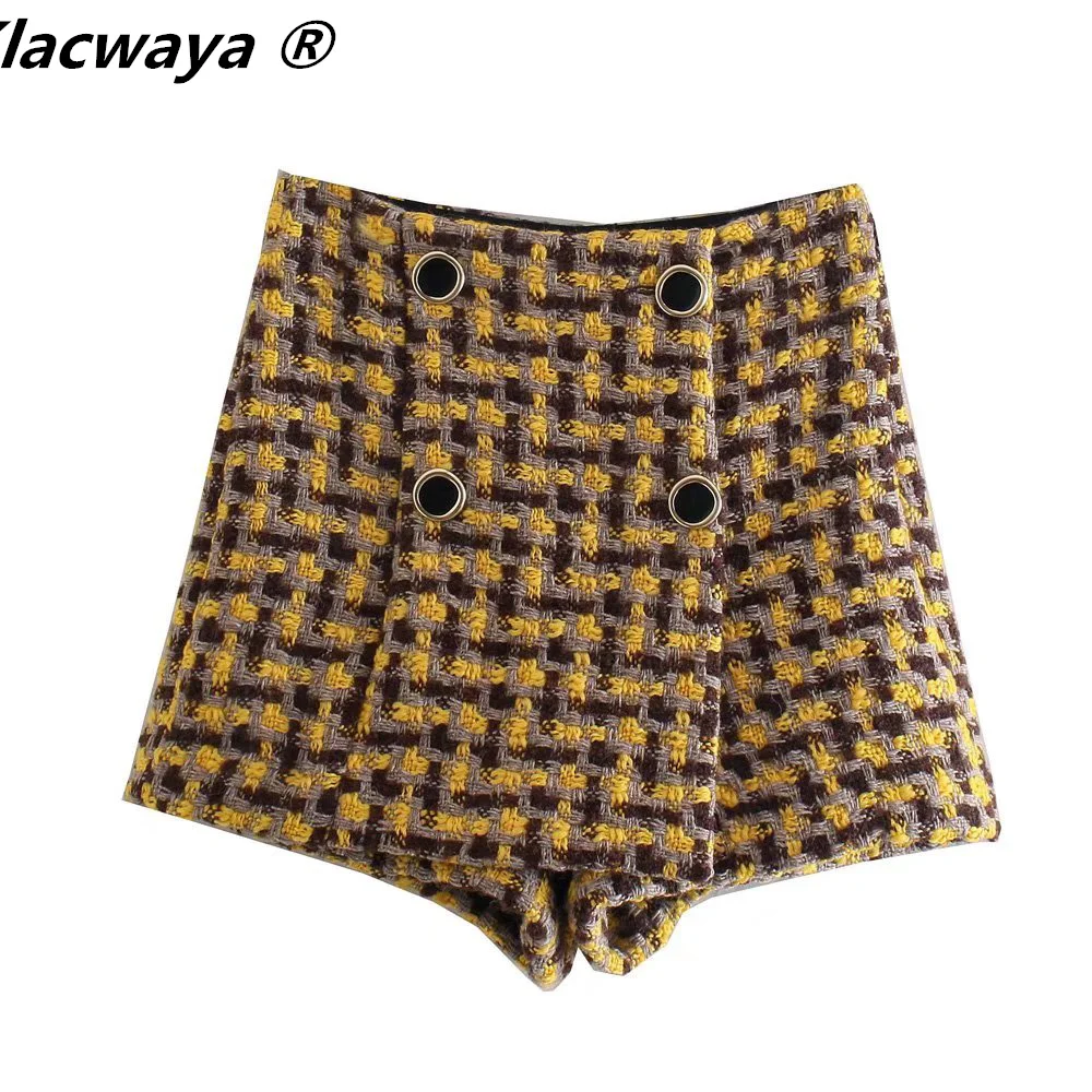 Tweed Set Women Suits 2021 Two Piece Set Women Double Breasted Blazer High Waist Skirt Shorts Plaid Women Suit With Shorts thumbnail 4