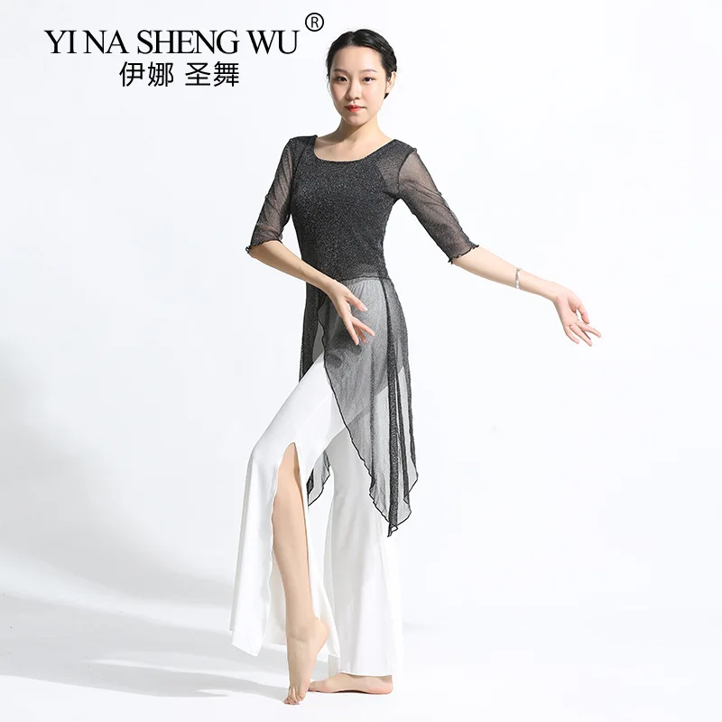 New Style Dance Practice Clothes Women's Suit Gauze Long Shirt Wide-leg Pants with Sleeves Tops Classical Dance Practice Clothes thumbnail 5