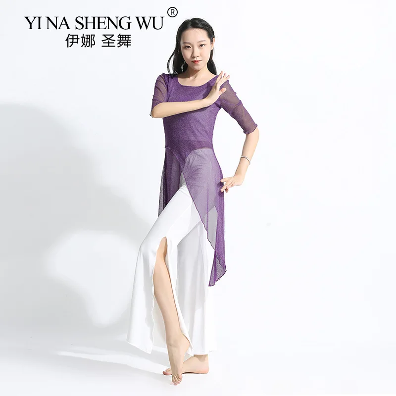 New Style Dance Practice Clothes Women's Suit Gauze Long Shirt Wide-leg Pants with Sleeves Tops Classical Dance Practice Clothes thumbnail 2