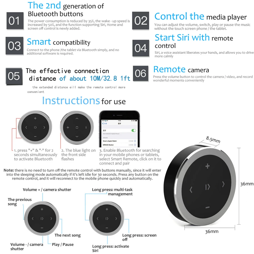 Mini Wireless Bluetooth-compatible Media Button Remote Controller Car Motorcycle Steering Wheel MP3 Music Play For IOS Android thumbnail 6