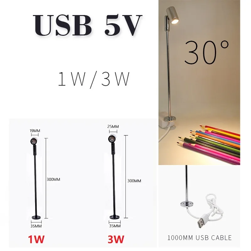 etrnLED USB 5V Led Spotlight Rotatable Stand Pole Lamp for Jewelry Showcase Exhibition Display Surface Mount Spot Light 1W 3W thumbnail 2