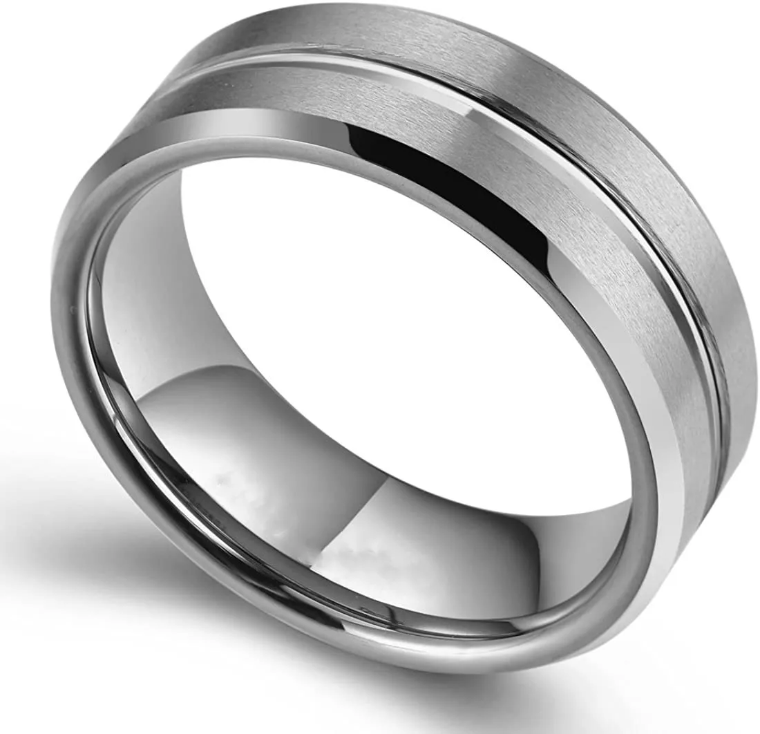 Fashion 8mm Men's Black Tungsten Wedding Band Rings Black Groove Beveled Edge Engagement Ring for Men's Valentine Gift thumbnail 5