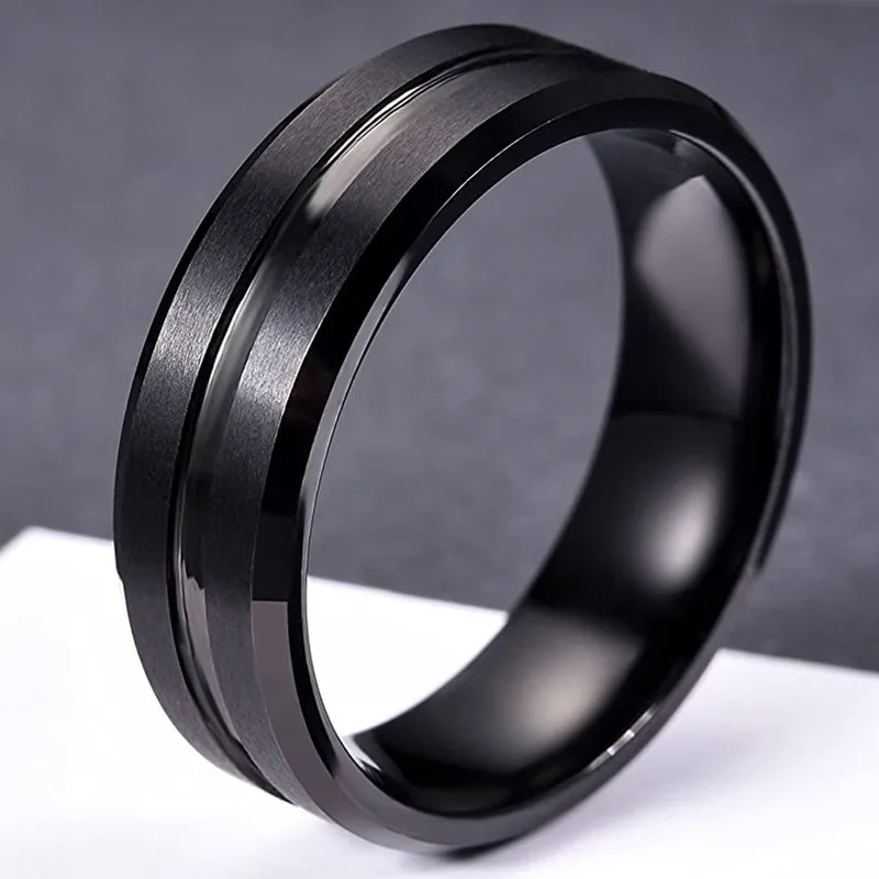 Fashion 8mm Men's Black Tungsten Wedding Band Rings Black Groove Beveled Edge Engagement Ring for Men's Valentine Gift thumbnail 6