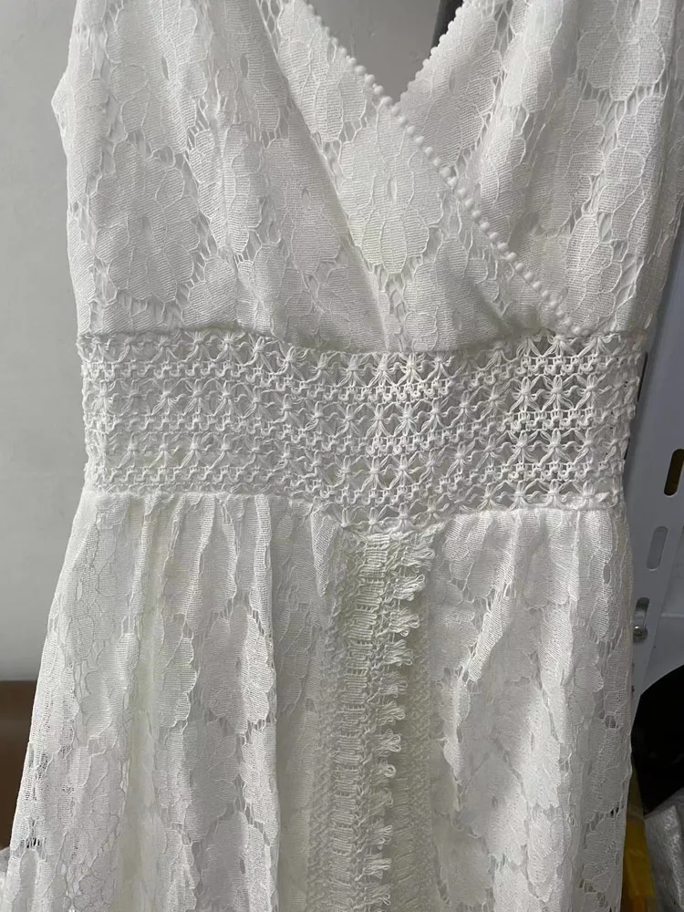 Summer V Neck Solid Color Lace Hollow-Out Sleeveless Sling Party Wear High Waist Rompers Holiday Casual White Women's Jumpsuit thumbnail 6