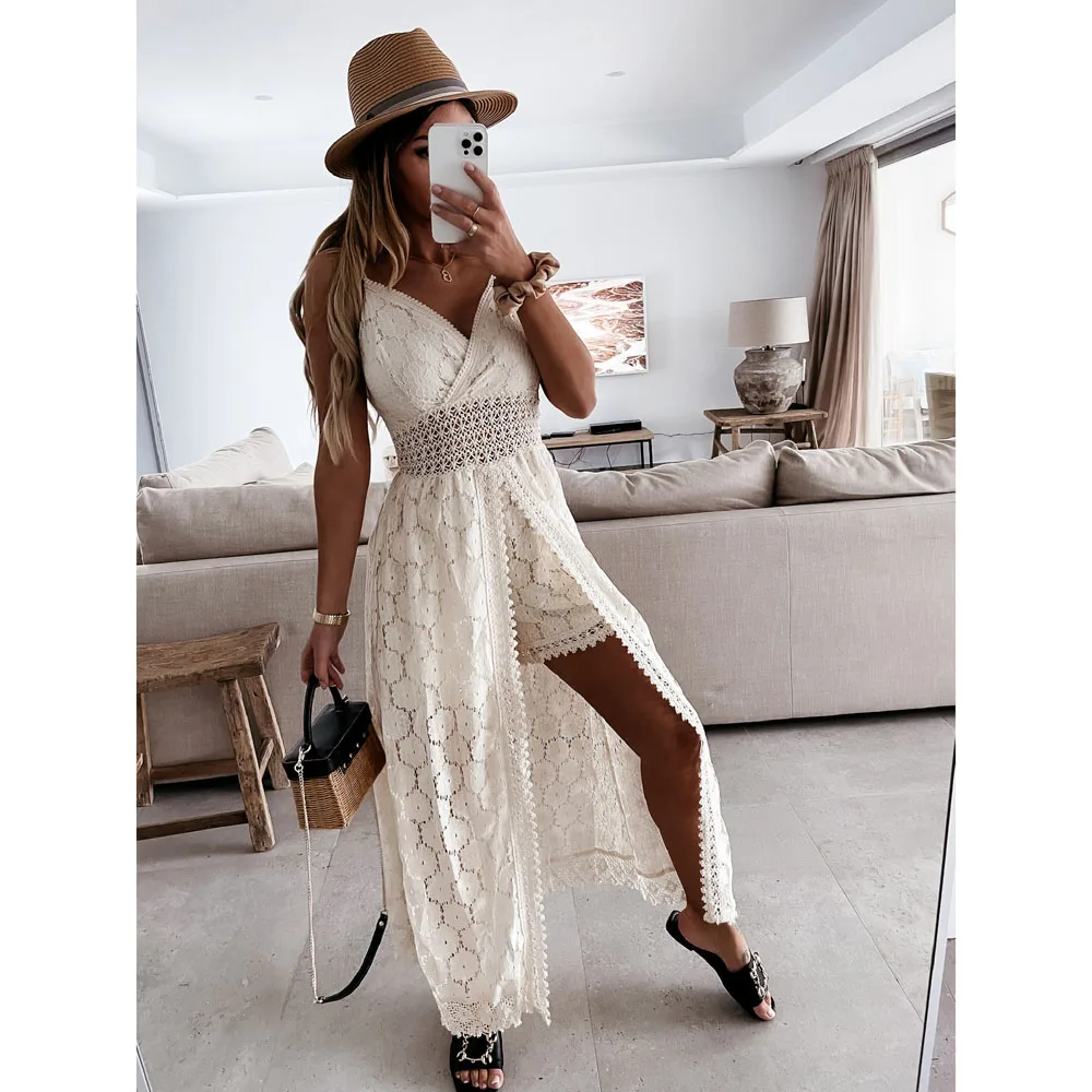 Summer V Neck Solid Color Lace Hollow-Out Sleeveless Sling Party Wear High Waist Rompers Holiday Casual White Women's Jumpsuit thumbnail 3