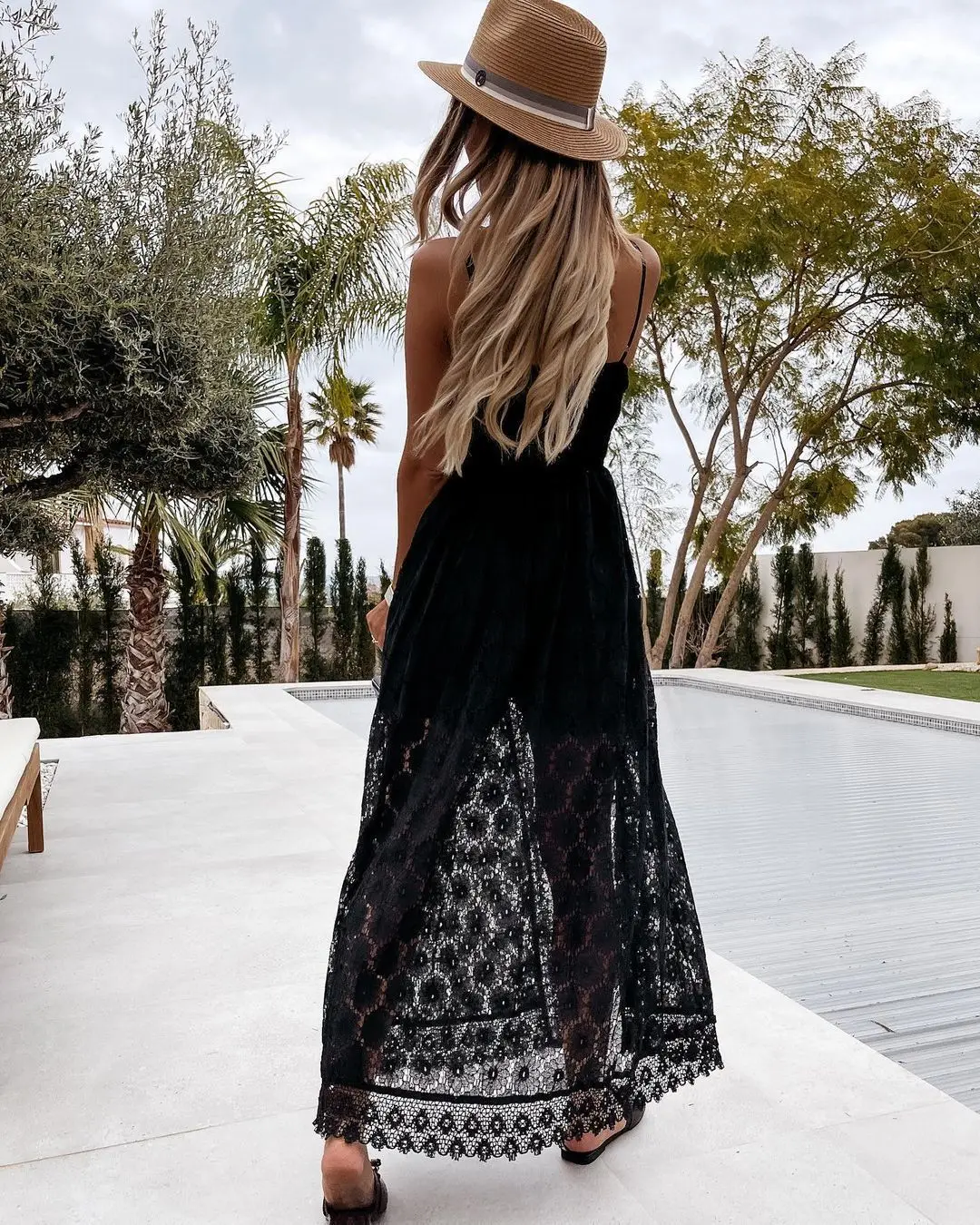 Summer V Neck Solid Color Lace Hollow-Out Sleeveless Sling Party Wear High Waist Rompers Holiday Casual White Women's Jumpsuit thumbnail 5