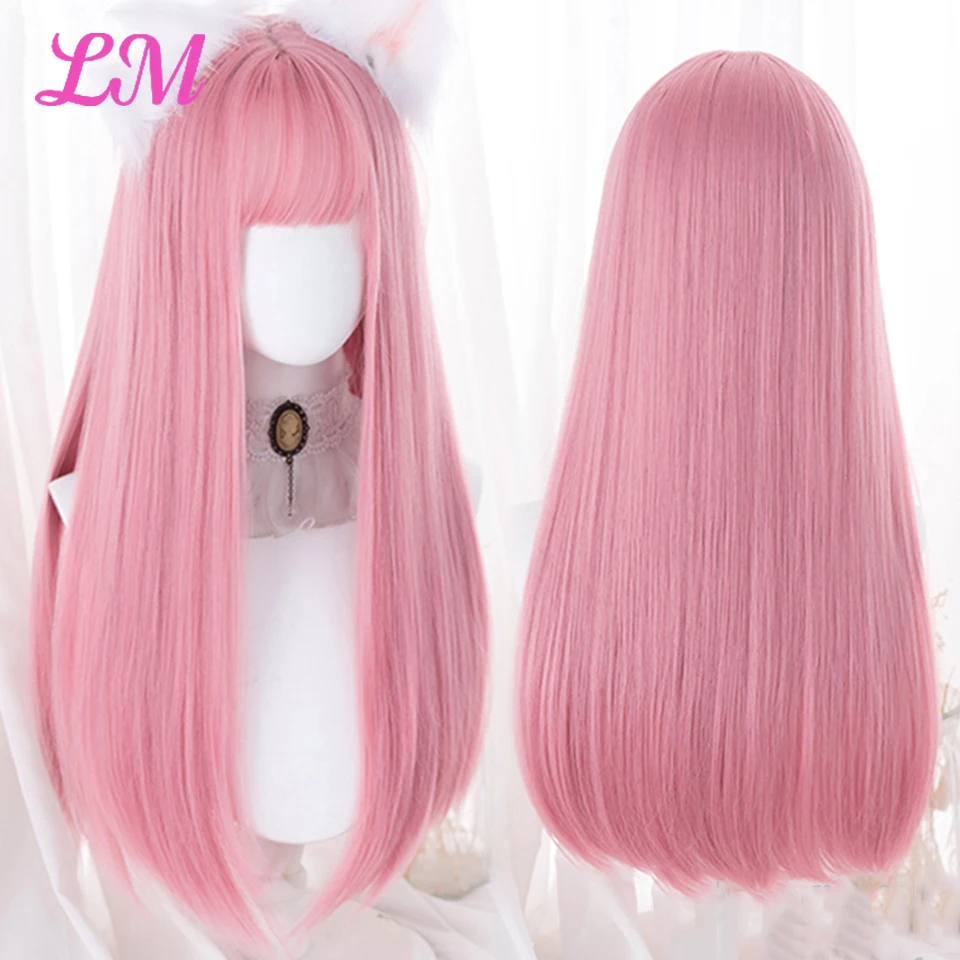 LM Cosplay Wig With Bangs Synthetic Straight Hair 24 Inch Long Heat-Resistant Pink Wig For Women thumbnail 3