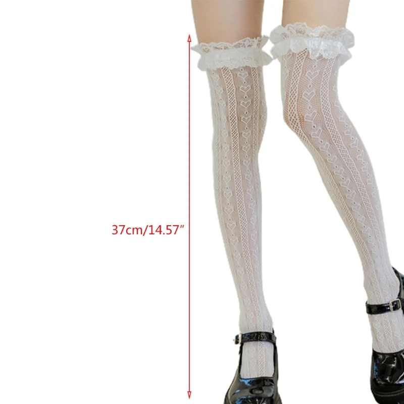 Women Lolita Fishnet Thigh High Socks Japanese Style Heart Striped Lace Patterned Over Knee Long Stockings Ruffled Frilly Kawaii thumbnail 5