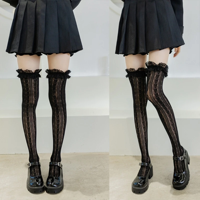 Women Lolita Fishnet Thigh High Socks Japanese Style Heart Striped Lace Patterned Over Knee Long Stockings Ruffled Frilly Kawaii thumbnail 3