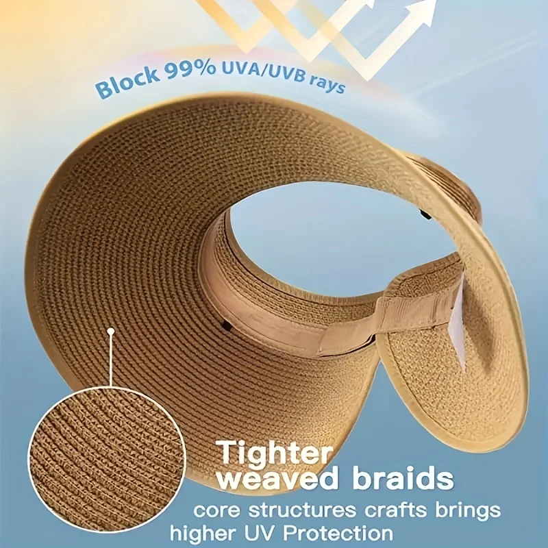 Women Summer Visors Hat Hat - Stylish and UV-Resistant for Outdoor HikingFoldable Sun Cap Wide Large Brim Beach Straw Hats Chape thumbnail 4