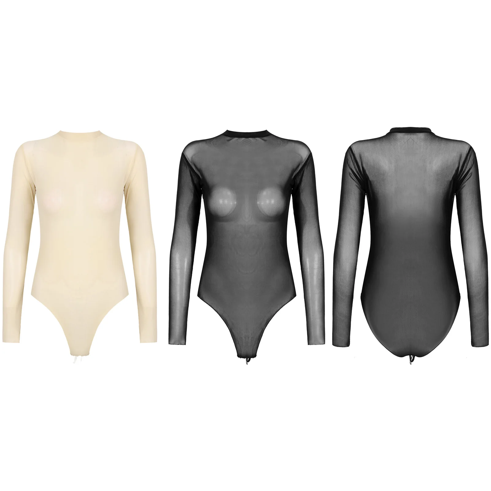 Womens Girls Fashion See-through Long Sleeve Bodysuit Lingerie Nightwear Crew Neck High Cut Leotard for Dating Nightclub Teddies thumbnail 6