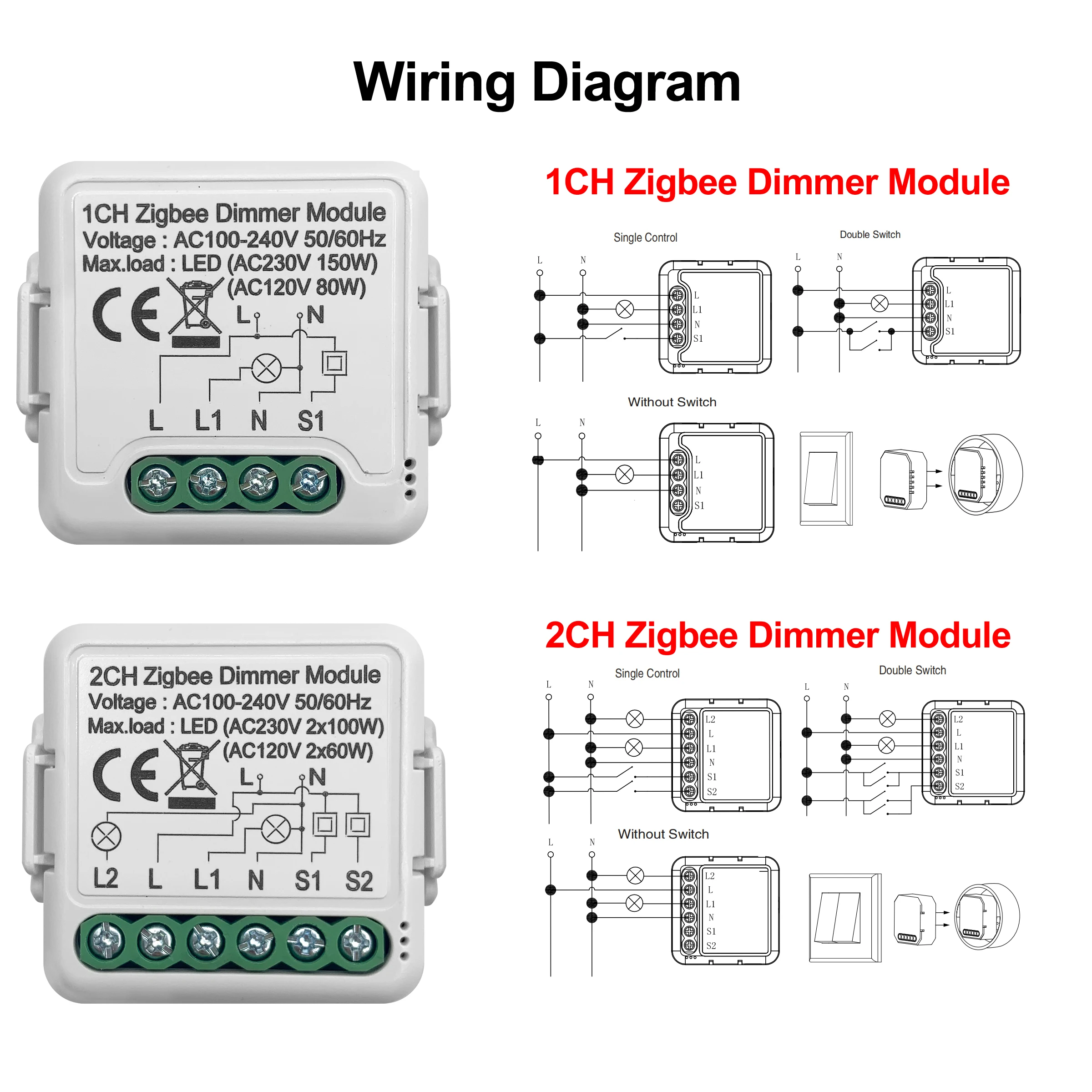 GIRIER Tuya ZigBee 3.0 Smart Dimmer Switch Module, Supports 2 Way Control Dimmable Light Switch, Work with Alexa Google Home thumbnail 2