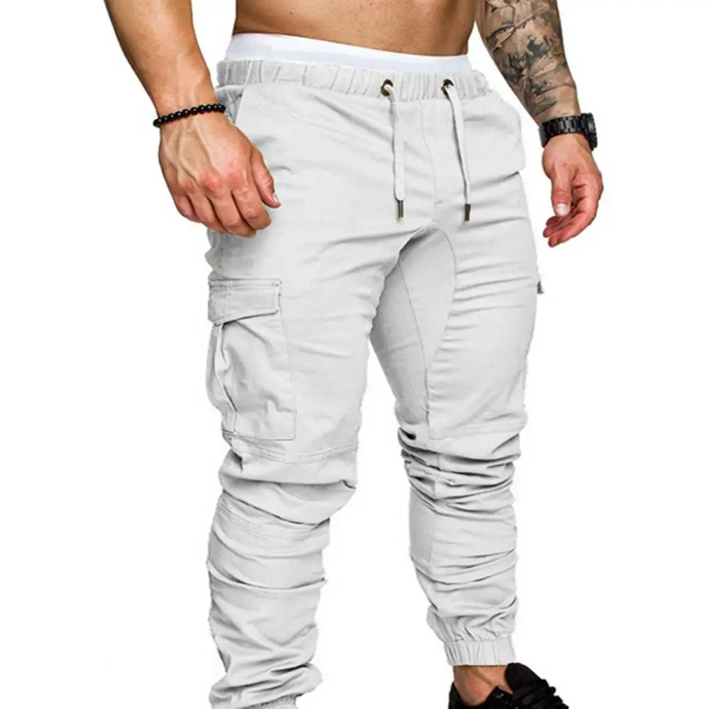 Dropshipping!New Fashion Men Jogger Pants Casual Solid Color Pockets Waist Drawstring Ankle Tied Skinny Cargo Pants Size XS-4XL thumbnail 2