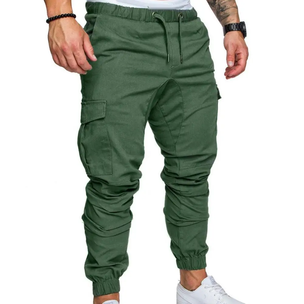 Dropshipping!New Fashion Men Jogger Pants Casual Solid Color Pockets Waist Drawstring Ankle Tied Skinny Cargo Pants Size XS-4XL thumbnail 3