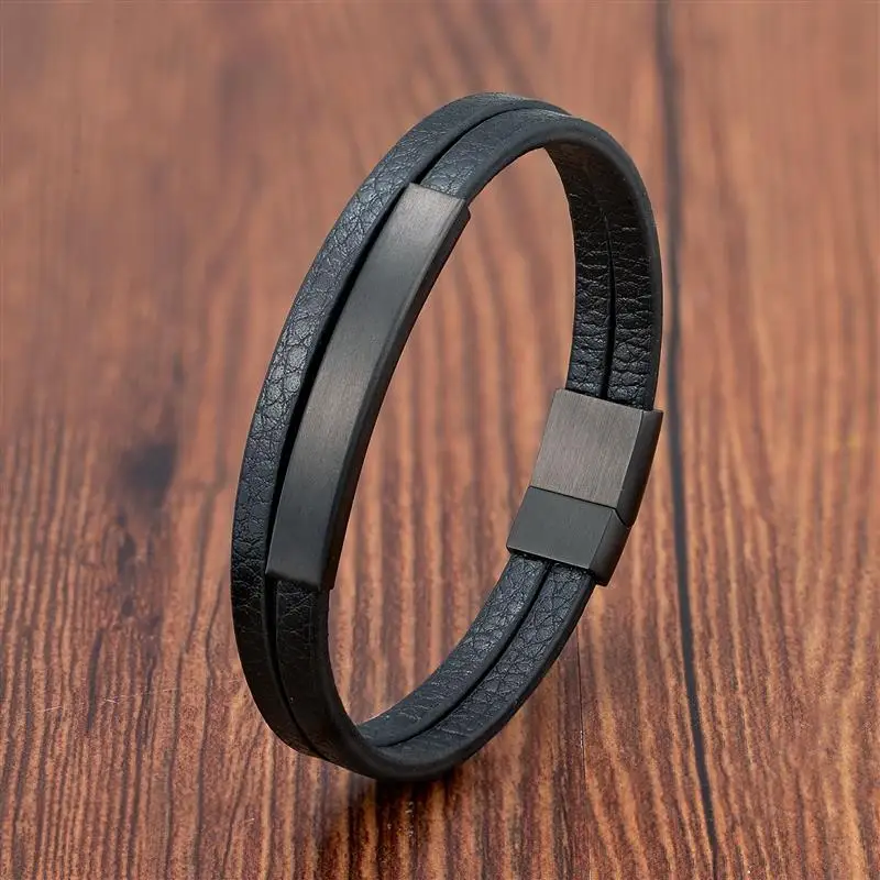 Simple Style Men's Black Genuine Leather Bracelet Classic Stainless Steel Insert Double-layer Braid Bangles For Men Friend Gift thumbnail 6
