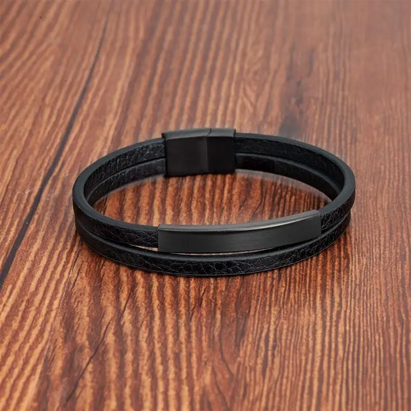 Simple Style Men's Black Genuine Leather Bracelet Classic Stainless Steel Insert Double-layer Braid Bangles For Men Friend Gift thumbnail 2