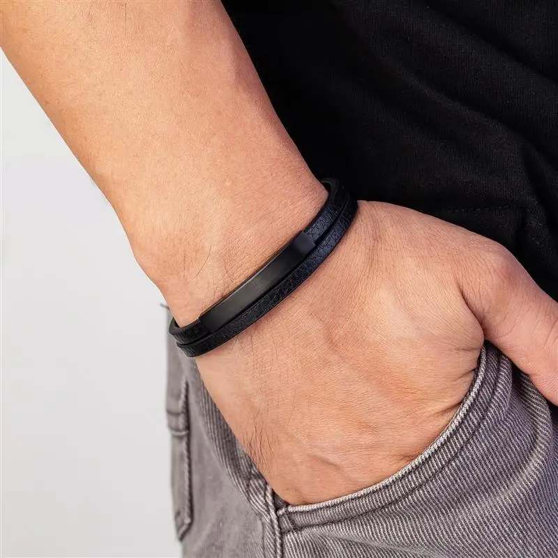Simple Style Men's Black Genuine Leather Bracelet Classic Stainless Steel Insert Double-layer Braid Bangles For Men Friend Gift thumbnail 5