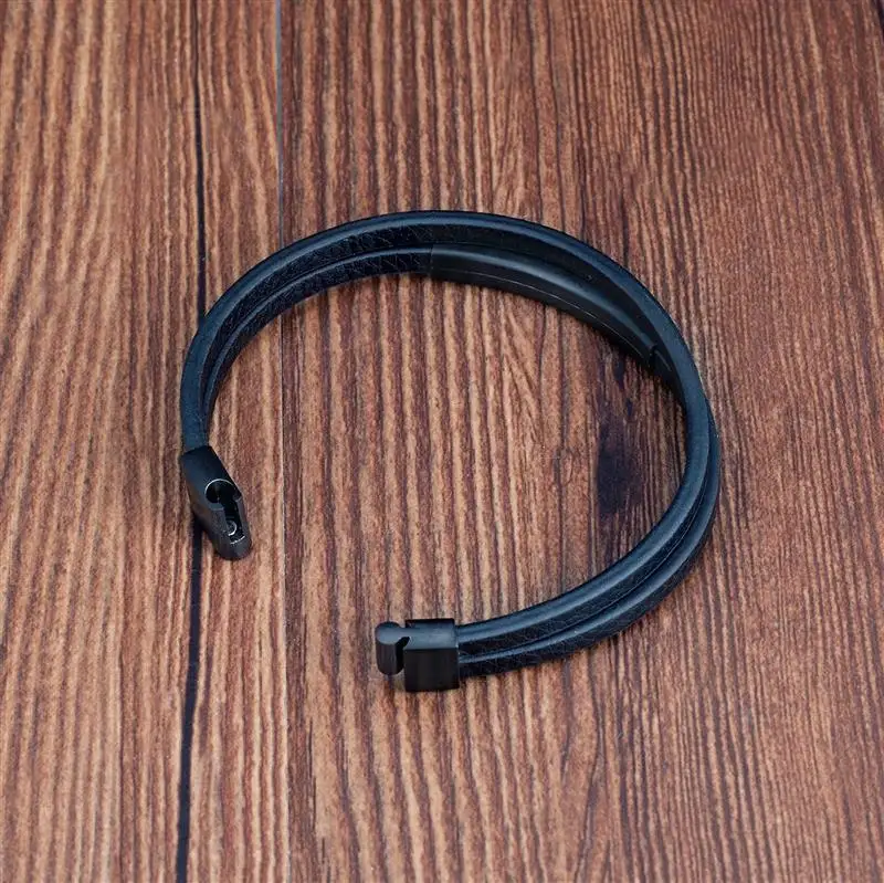 Simple Style Men's Black Genuine Leather Bracelet Classic Stainless Steel Insert Double-layer Braid Bangles For Men Friend Gift thumbnail 3