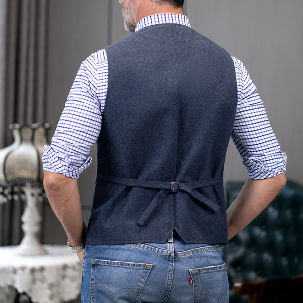 Men's Casual Classic Suit Vest V Neck Herringbone Tweed Slim Fit Business Waistcoat For Wedding thumbnail 2