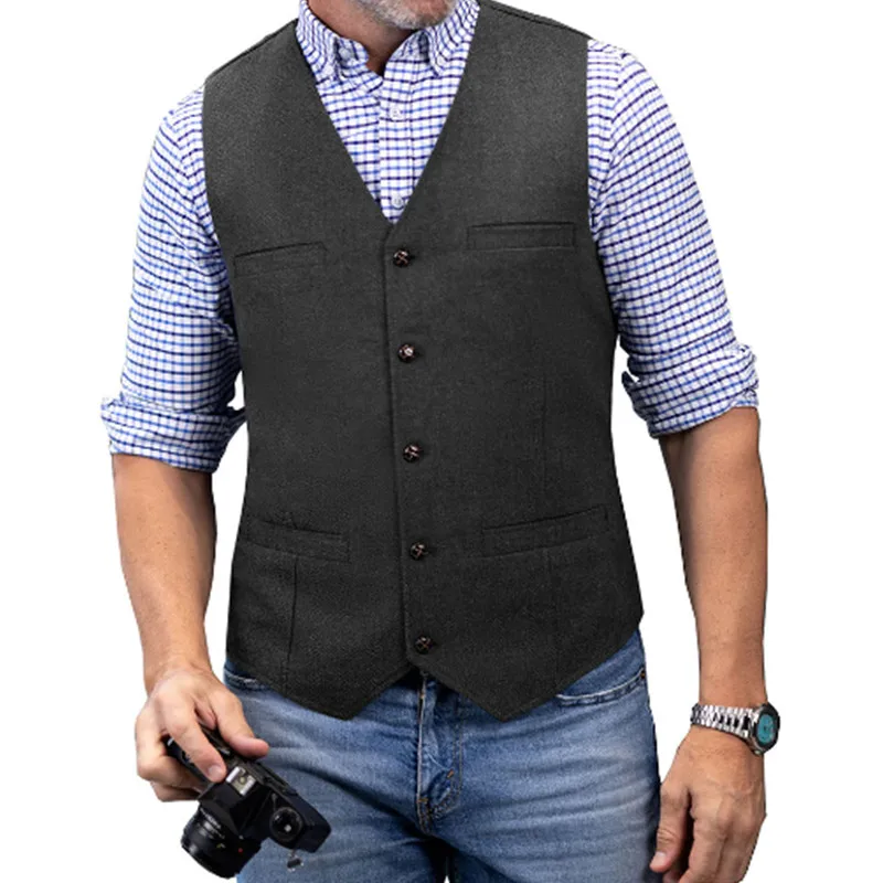 Men's Casual Classic Suit Vest V Neck Herringbone Tweed Slim Fit Business Waistcoat For Wedding thumbnail 3