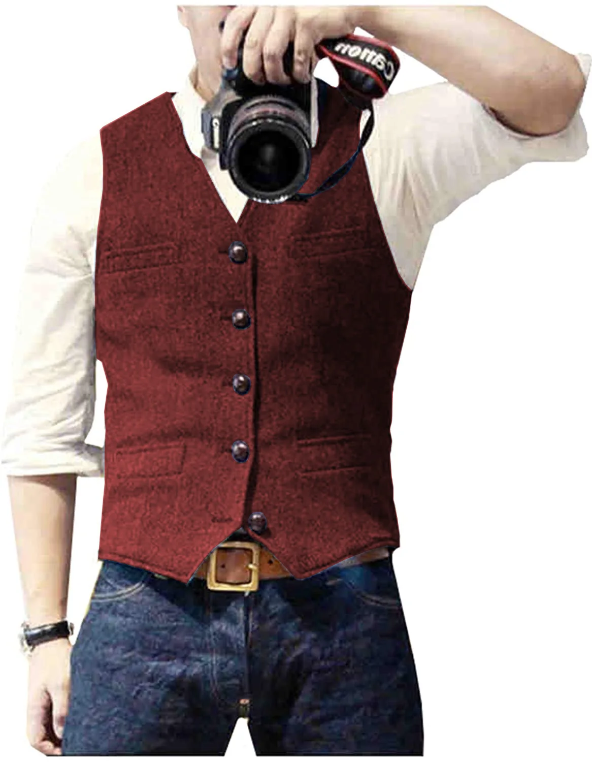 Men's Casual Classic Suit Vest V Neck Herringbone Tweed Slim Fit Business Waistcoat For Wedding thumbnail 5