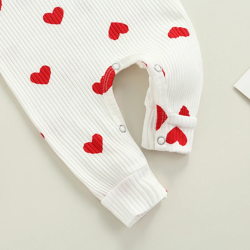 Newborn Baby Girls Valentine's Day Romper Ruffle Ribbed Bodysuit Heart Jumpsuit with Headband Valentine Outfits 0-18M thumbnail 3