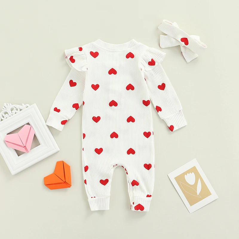 Newborn Baby Girls Valentine's Day Romper Ruffle Ribbed Bodysuit Heart Jumpsuit with Headband Valentine Outfits 0-18M thumbnail 2