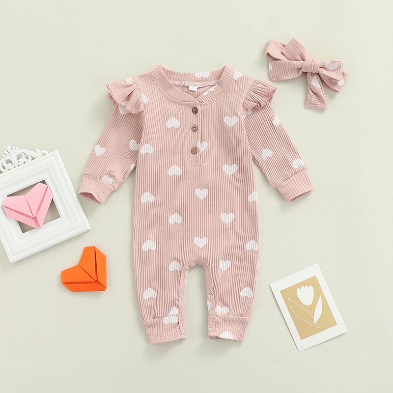 Newborn Baby Girls Valentine's Day Romper Ruffle Ribbed Bodysuit Heart Jumpsuit with Headband Valentine Outfits 0-18M thumbnail 4