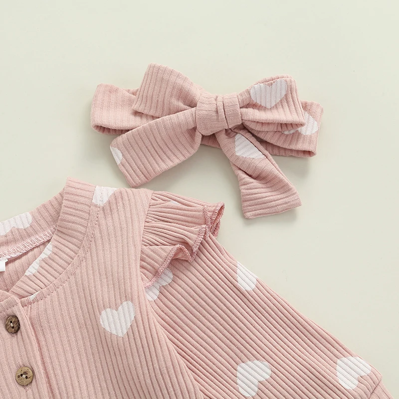Newborn Baby Girls Valentine's Day Romper Ruffle Ribbed Bodysuit Heart Jumpsuit with Headband Valentine Outfits 0-18M thumbnail 5